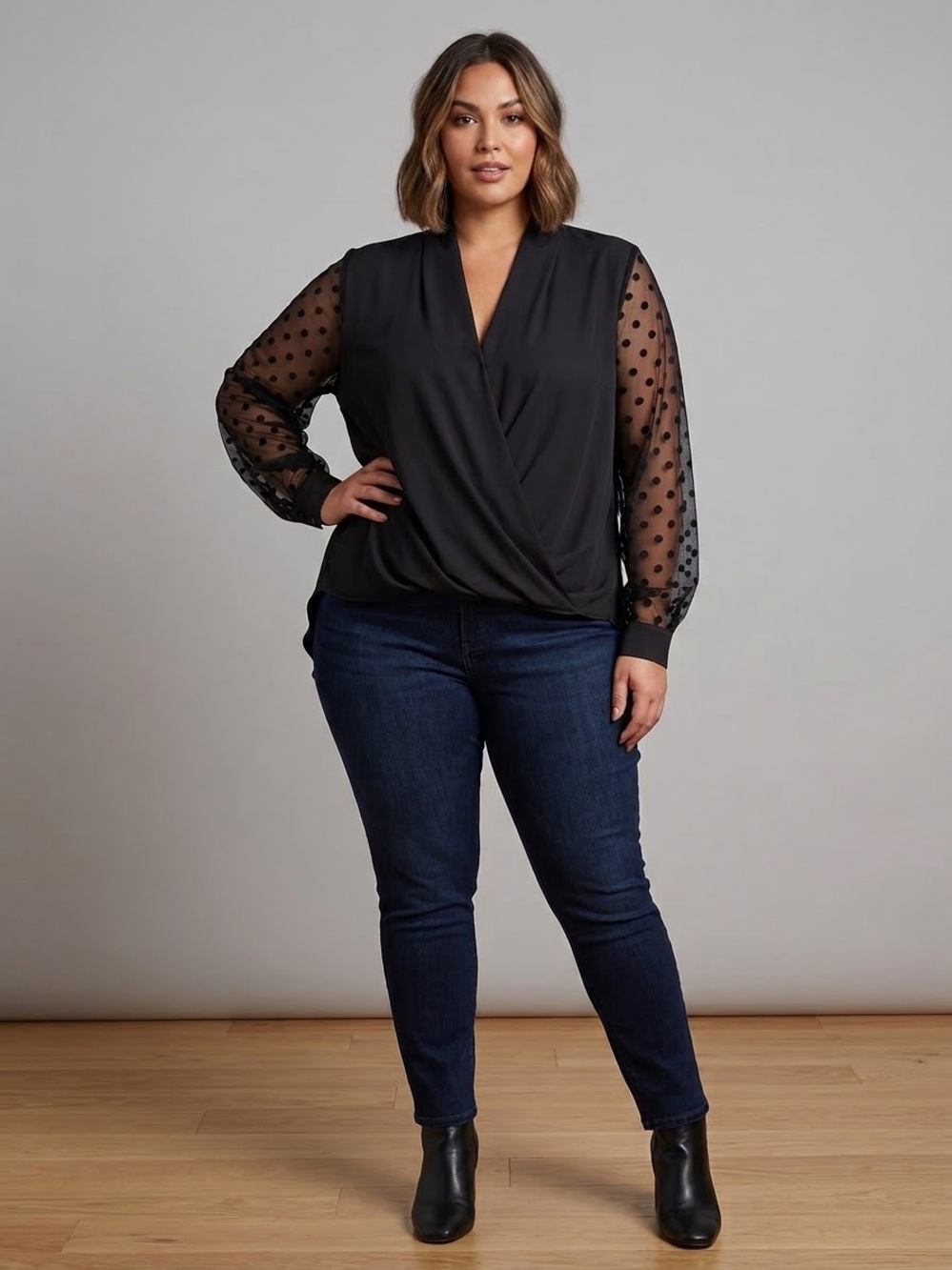 Newt Pleione Plus Size Black Sheer Dot Sleeve Wrap Top size 3x
